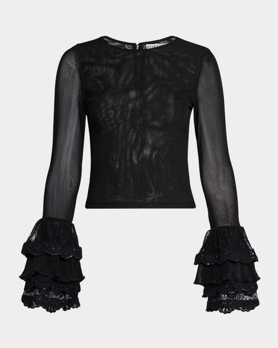 Delaina Mesh Top with Ruffle Cuffs